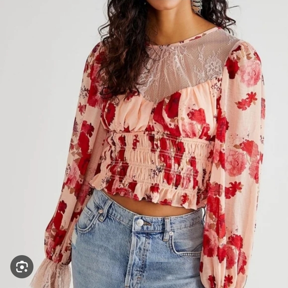 Free People Tops - NWT‎ Free People Floral Smocked Blouse - Red and Cream